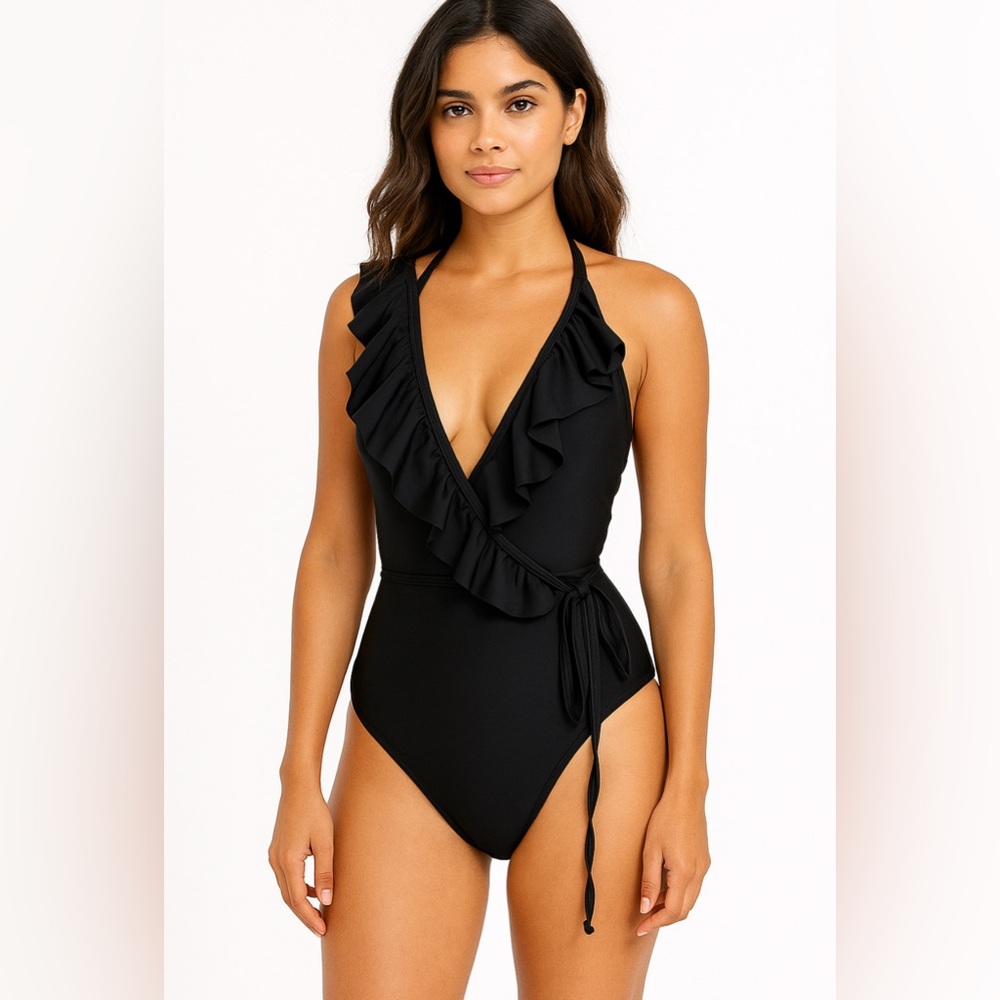Fashion Union Elegant Black Ruffle Backless Dress